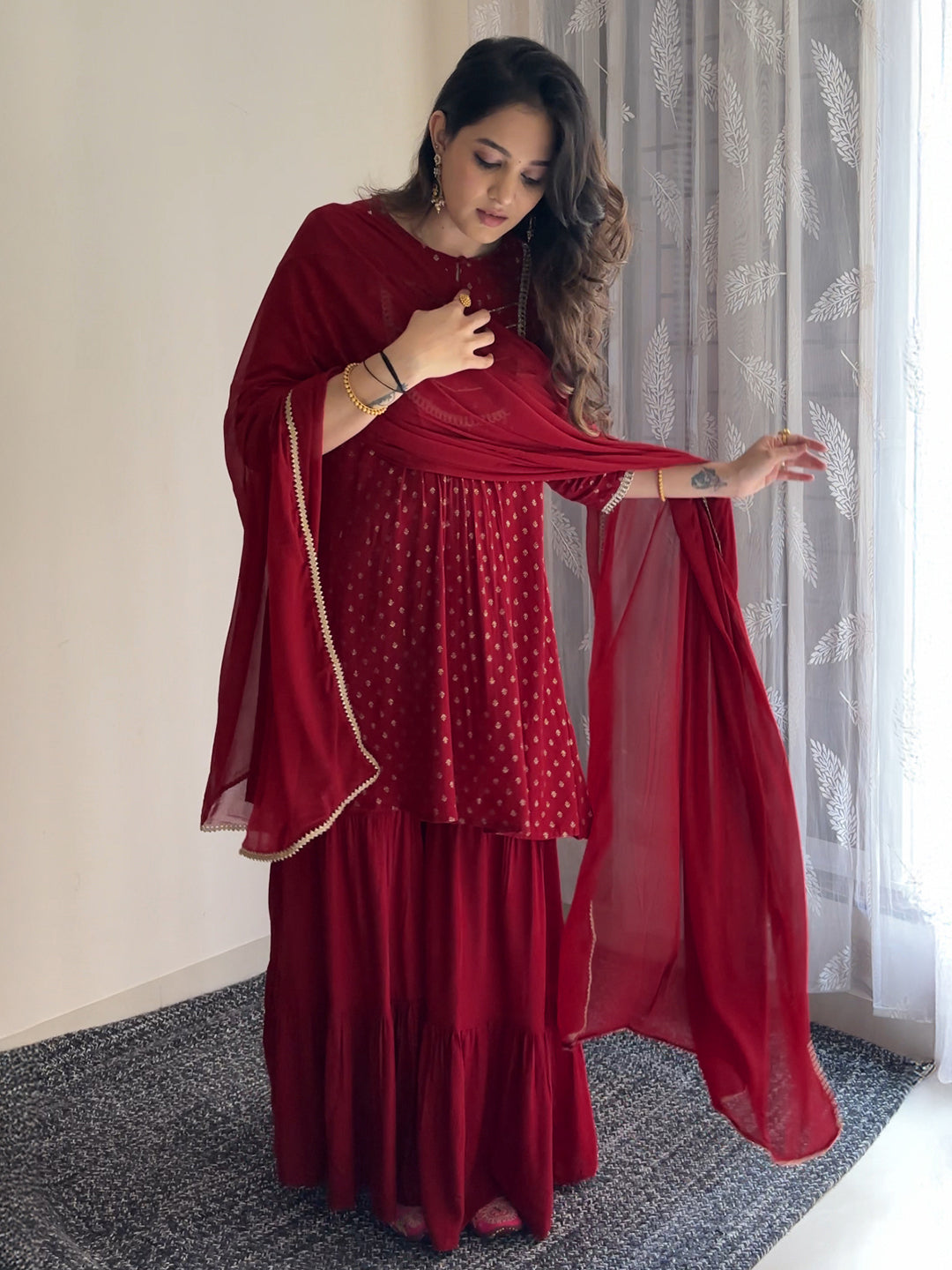 Ninnique Women's Maroon Rayon Foil Printed Embellished A-line Kurta With Sharara & Dupatta Set