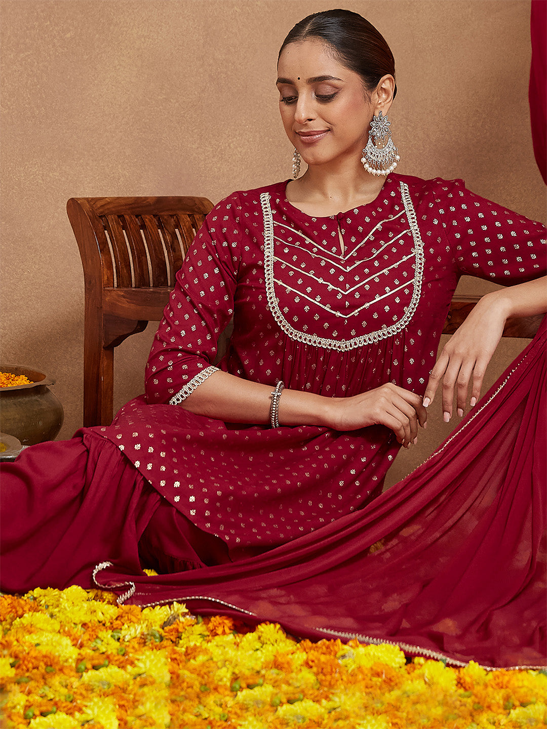 Ninnique Women's Maroon Rayon Foil Printed Embellished A-line Kurta With Sharara & Dupatta Set