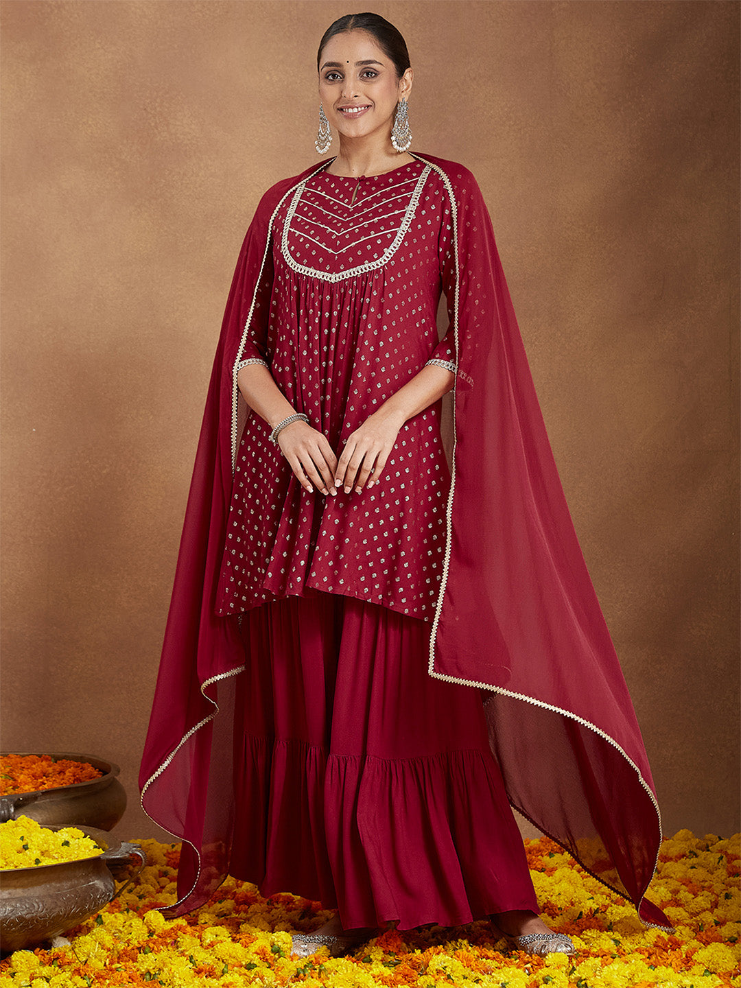 Ninnique Women's Maroon Rayon Foil Printed Embellished A-line Kurta With Sharara & Dupatta Set