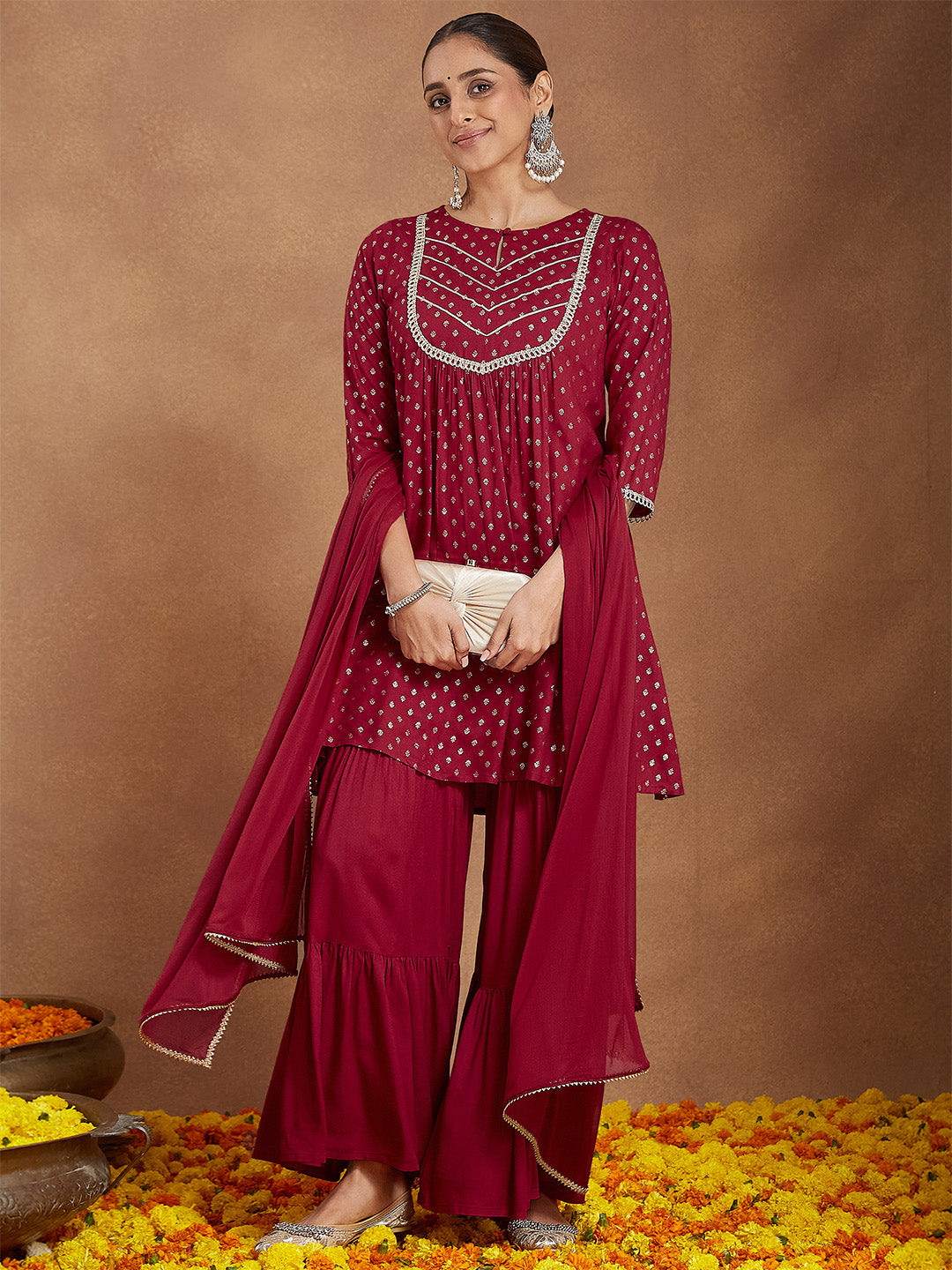 Ninnique Women's Maroon Rayon Foil Printed Embellished A-line Kurta With Sharara & Dupatta Set