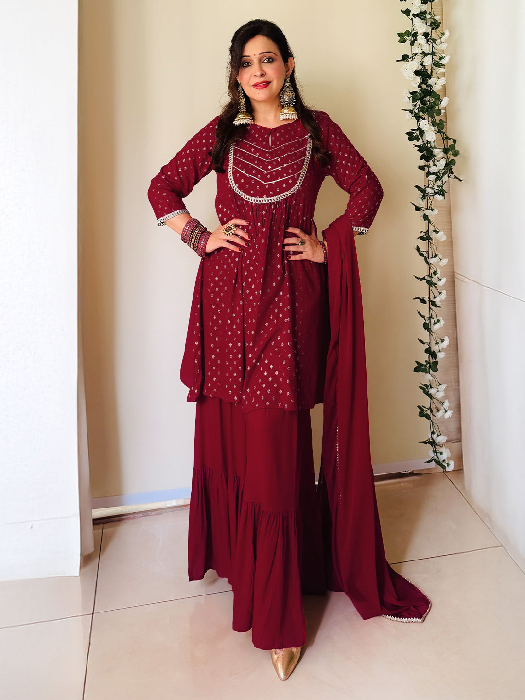 Ninnique Women's Maroon Rayon Foil Printed Embellished A-line Kurta With Sharara & Dupatta Set