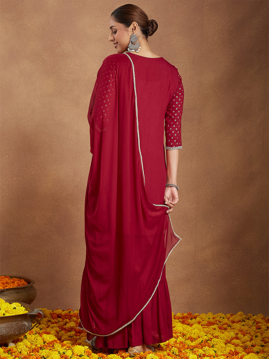 Ninnique Women's Maroon Rayon Foil Printed Embellished A-line Kurta With Sharara & Dupatta Set