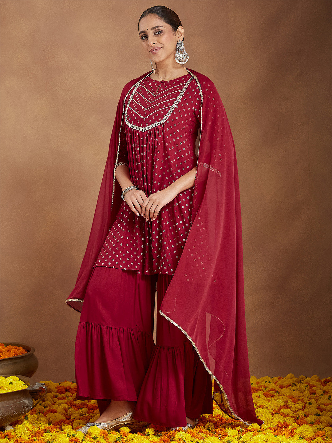 Ninnique Women's Maroon Rayon Foil Printed Embellished A-line Kurta With Sharara & Dupatta Set