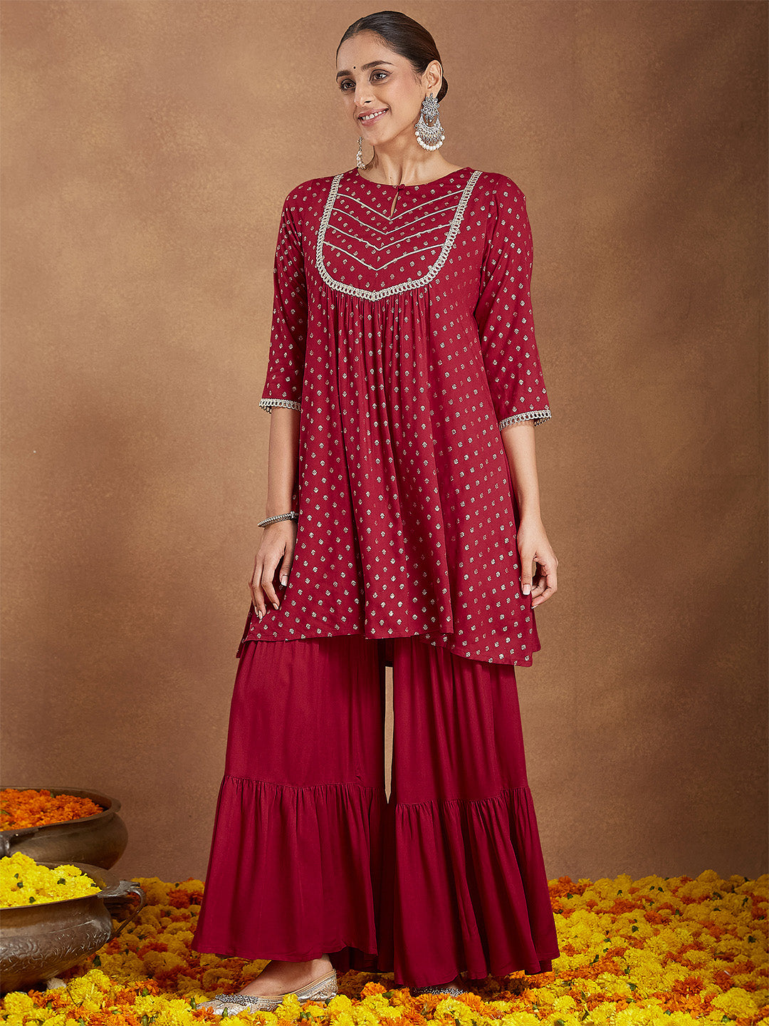 Ninnique Women's Maroon Rayon Foil Printed Embellished A-line Kurta With Sharara & Dupatta Set