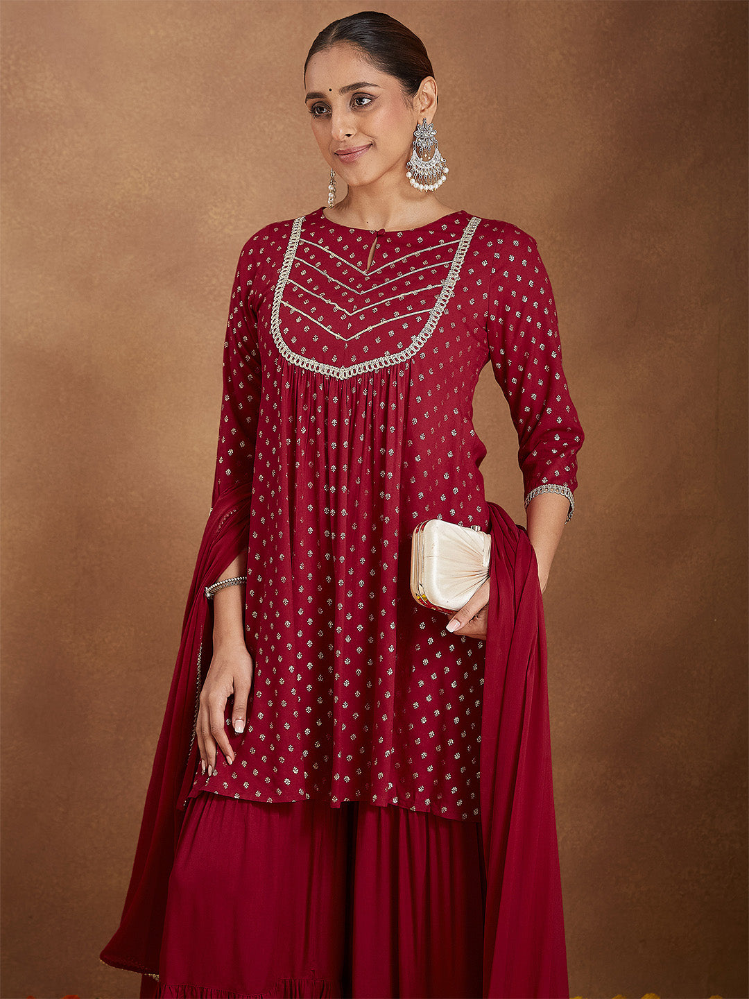 Ninnique Women's Maroon Rayon Foil Printed Embellished A-line Kurta With Sharara & Dupatta Set