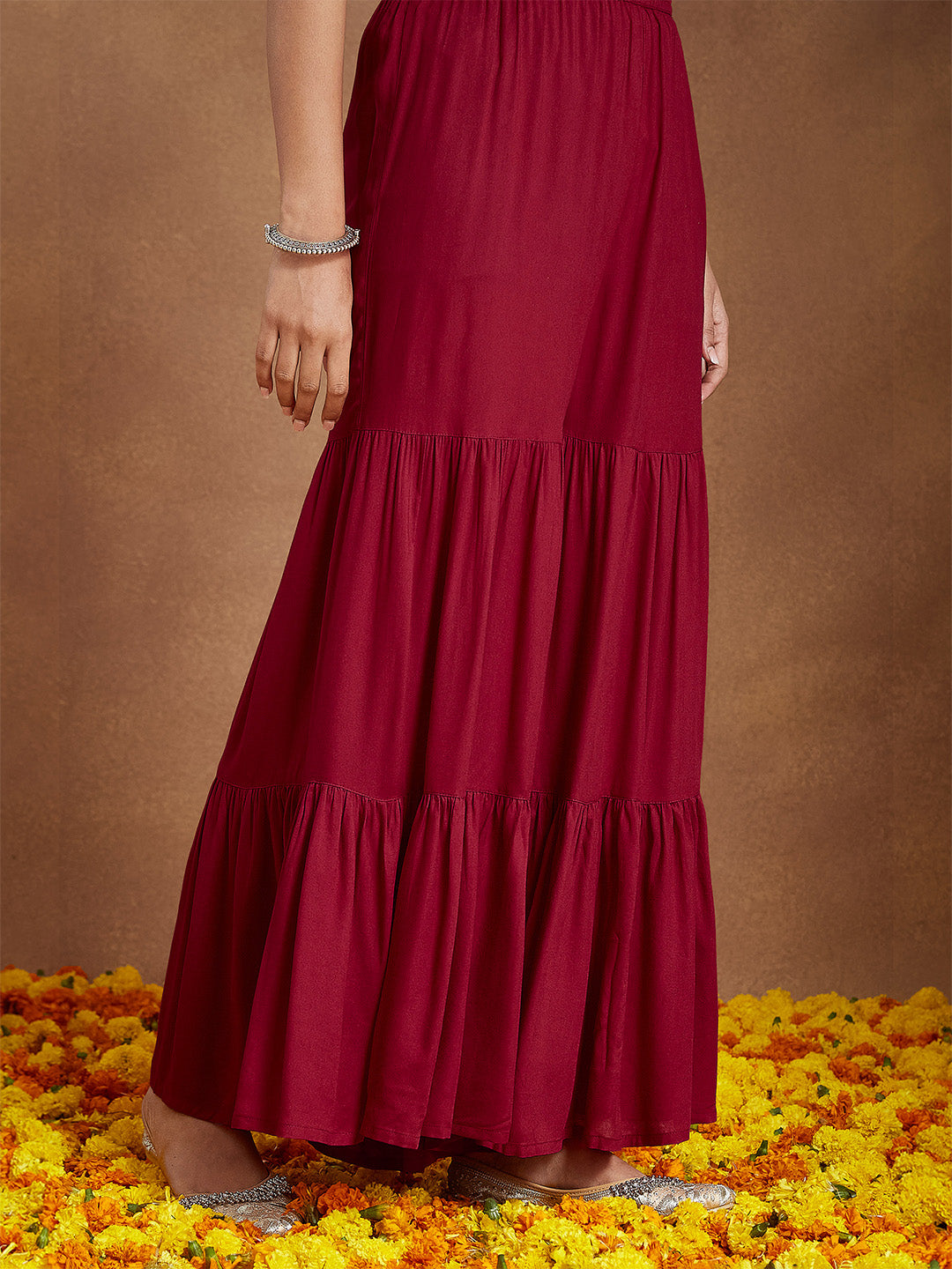 Ninnique Women's Maroon Rayon Foil Printed Embellished A-line Kurta With Sharara & Dupatta Set