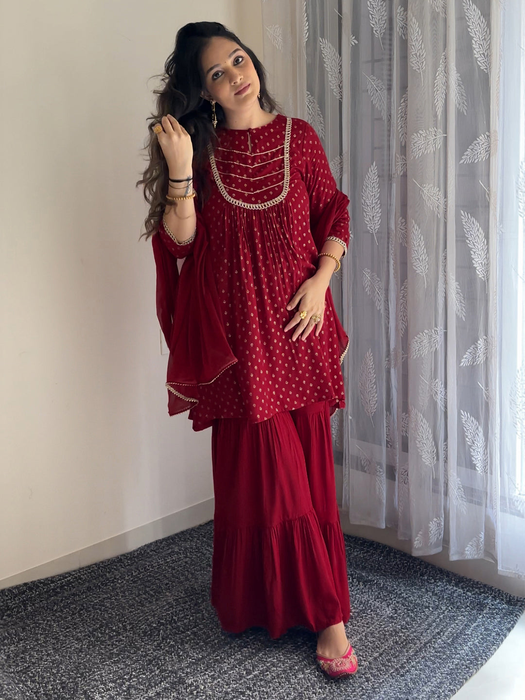 Ninnique Women's Maroon Rayon Foil Printed Embellished A-line Kurta With Sharara & Dupatta Set