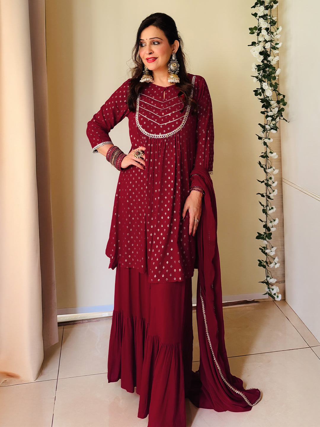 Ninnique Women's Maroon Rayon Foil Printed Embellished A-line Kurta With Sharara & Dupatta Set