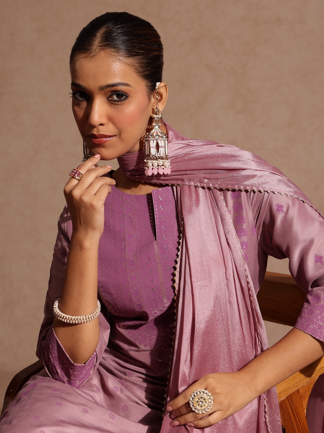 Ninnique Women's Purple Silk Blend Embellished Zari Printed Straight Kurta Set