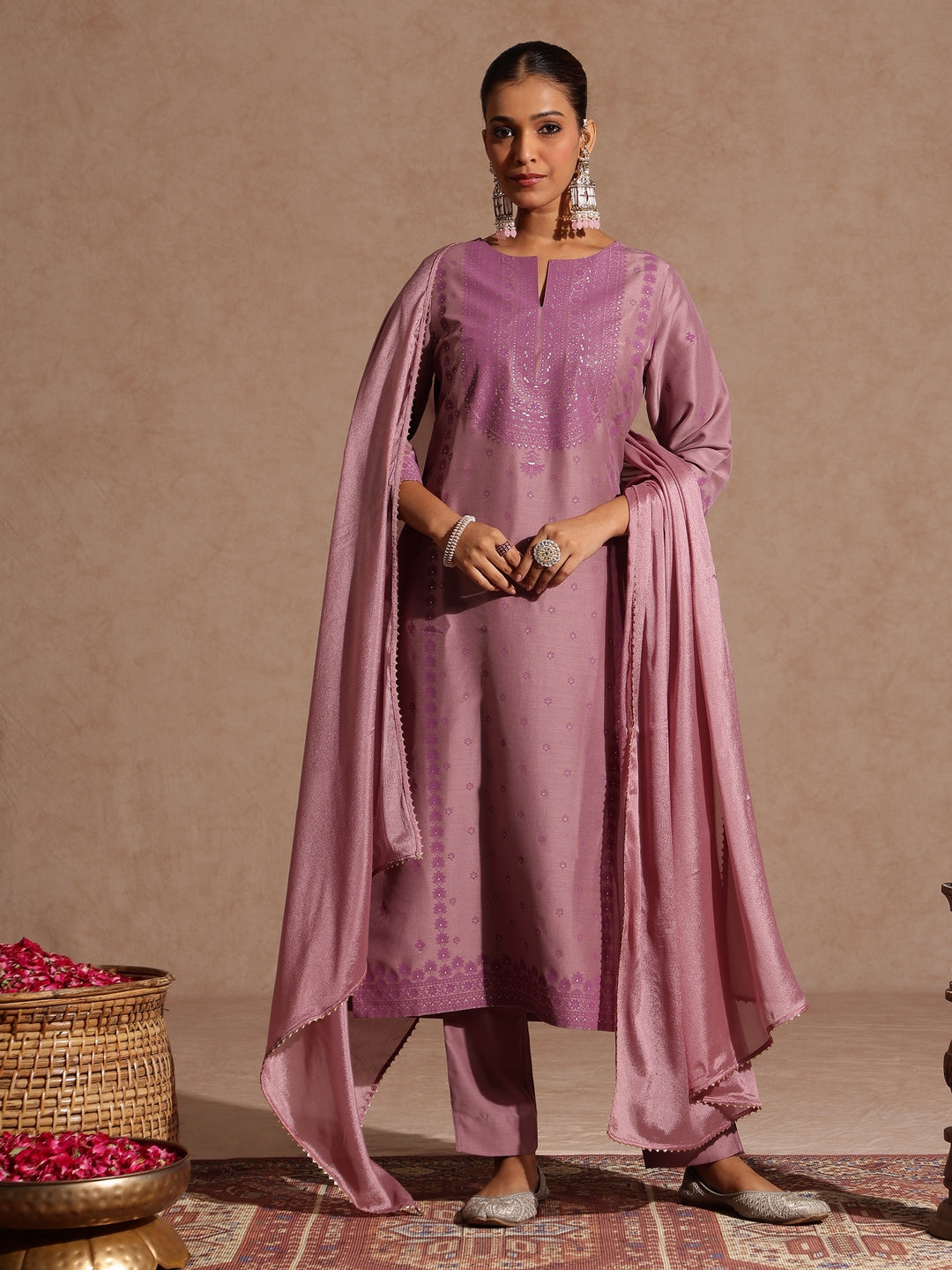 Ninnique Women's Purple Silk Blend Embellished Zari Printed Straight Kurta Set