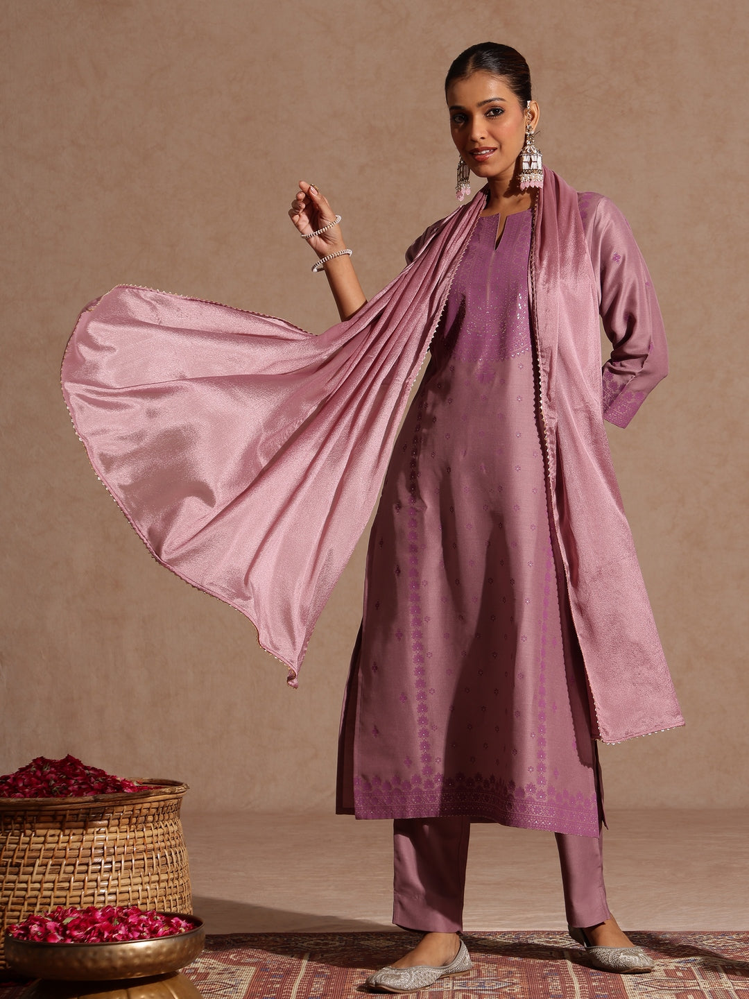 Ninnique Women's Purple Silk Blend Embellished Zari Printed Straight Kurta Set