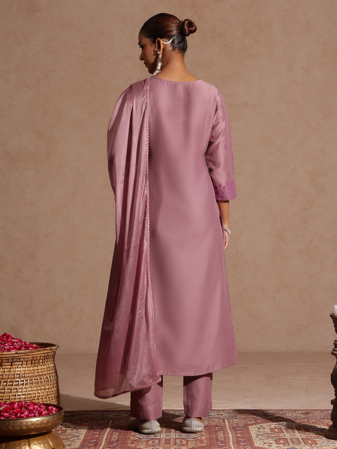 Ninnique Women's Purple Silk Blend Embellished Zari Printed Straight Kurta Set