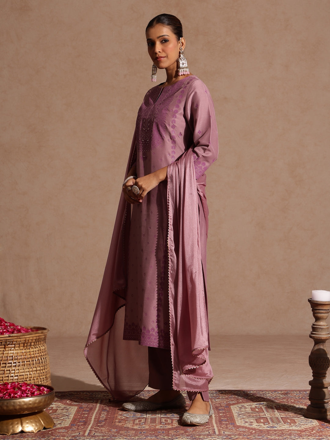 Ninnique Women's Purple Silk Blend Embellished Zari Printed Straight Kurta Set