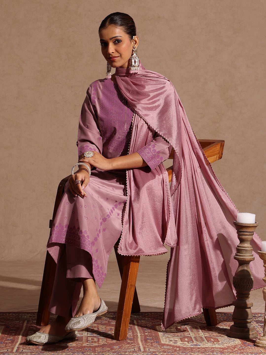 Ninnique Women's Purple Silk Blend Embellished Zari Printed Straight Kurta Set