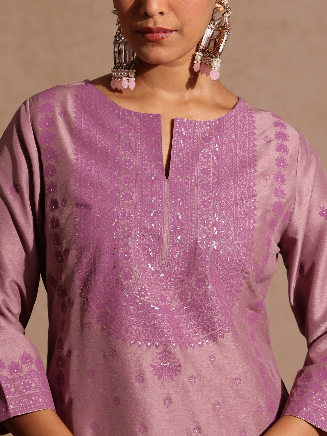Ninnique Women's Purple Silk Blend Embellished Zari Printed Straight Kurta Set