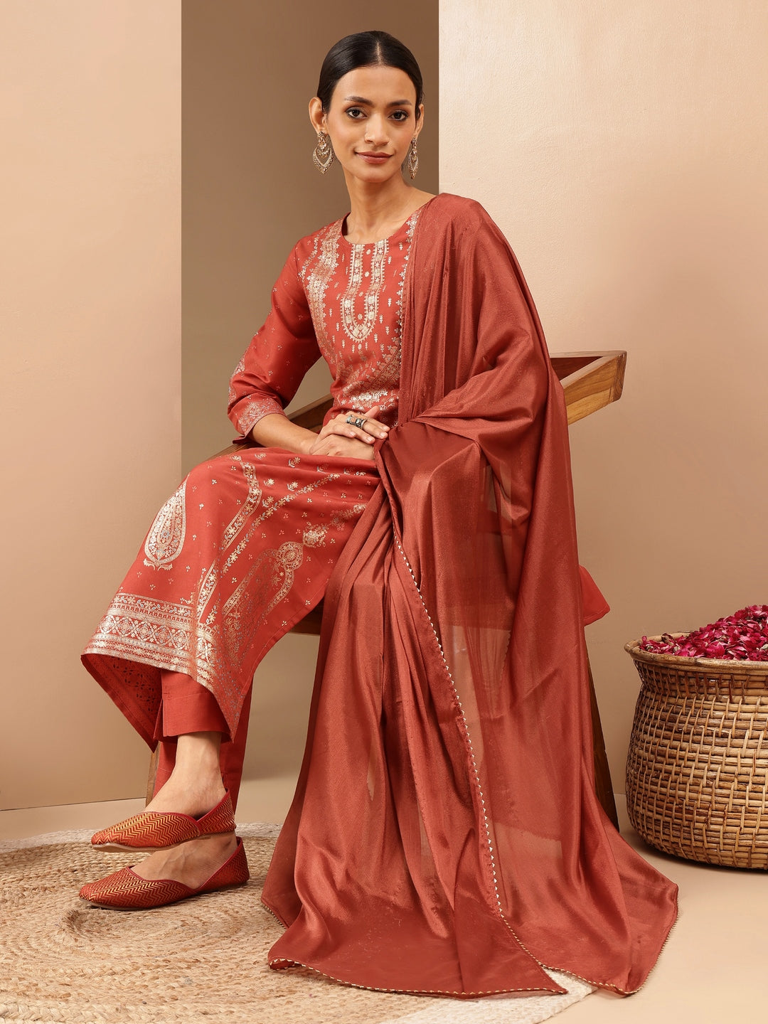 Ninnique Women's Rust Silk Blend Ethnic Gold Printed Straight Kurta Set