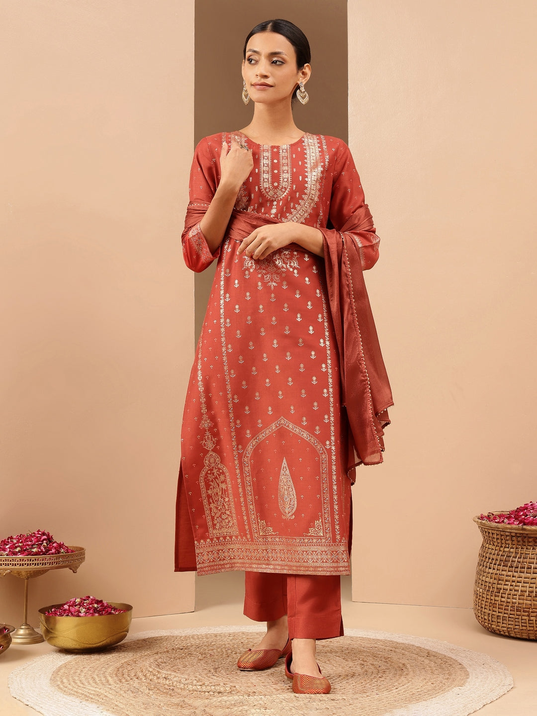 Ninnique Women's Rust Silk Blend Ethnic Gold Printed Straight Kurta Set