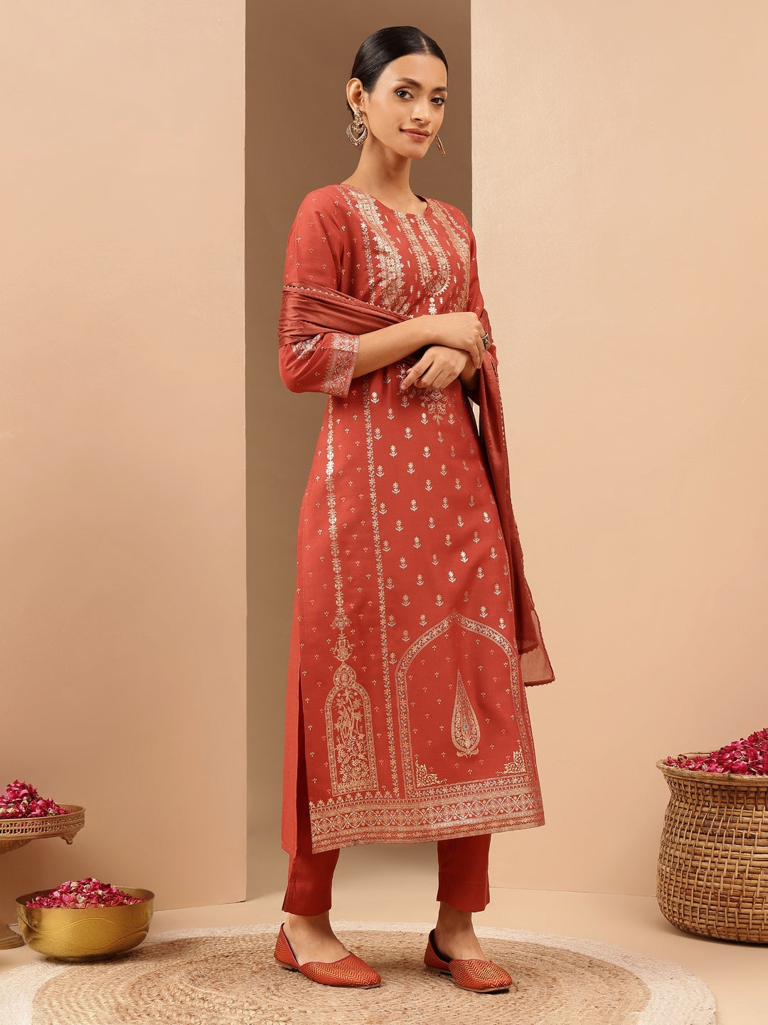 Ninnique Women's Rust Silk Blend Ethnic Gold Printed Straight Kurta Set