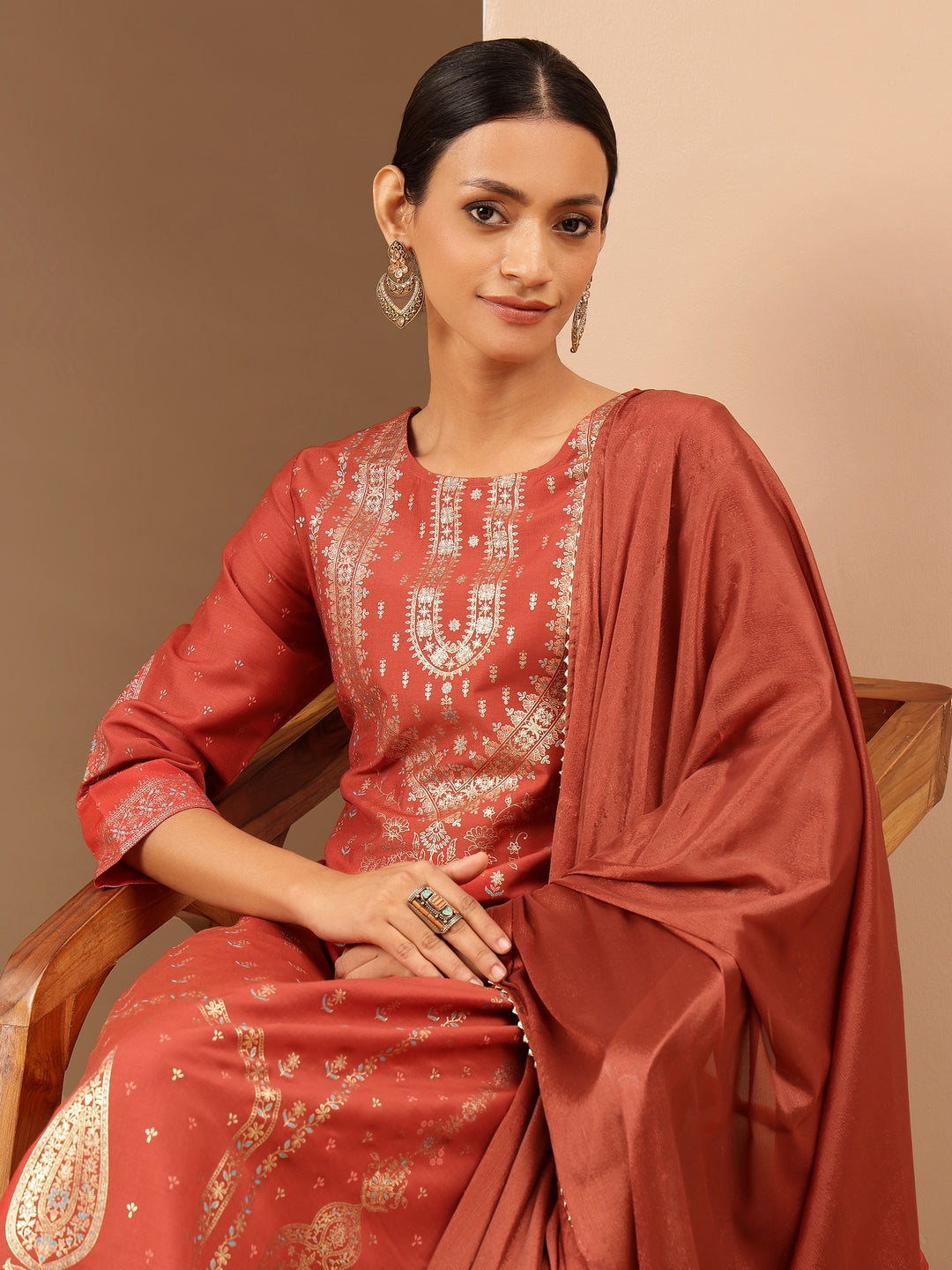 Ninnique Women's Rust Silk Blend Ethnic Gold Printed Straight Kurta Set