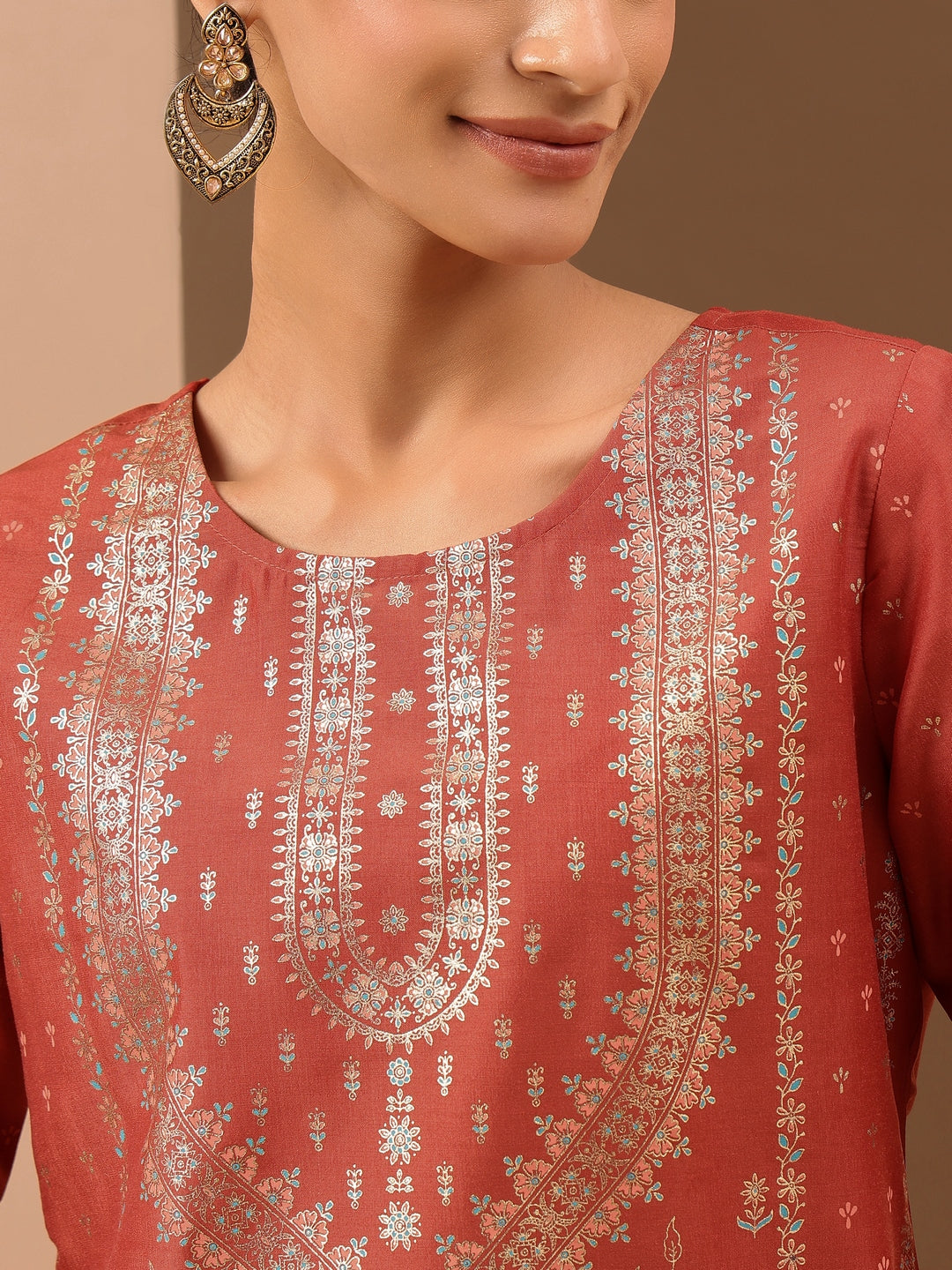 Ninnique Women's Rust Silk Blend Ethnic Gold Printed Straight Kurta Set