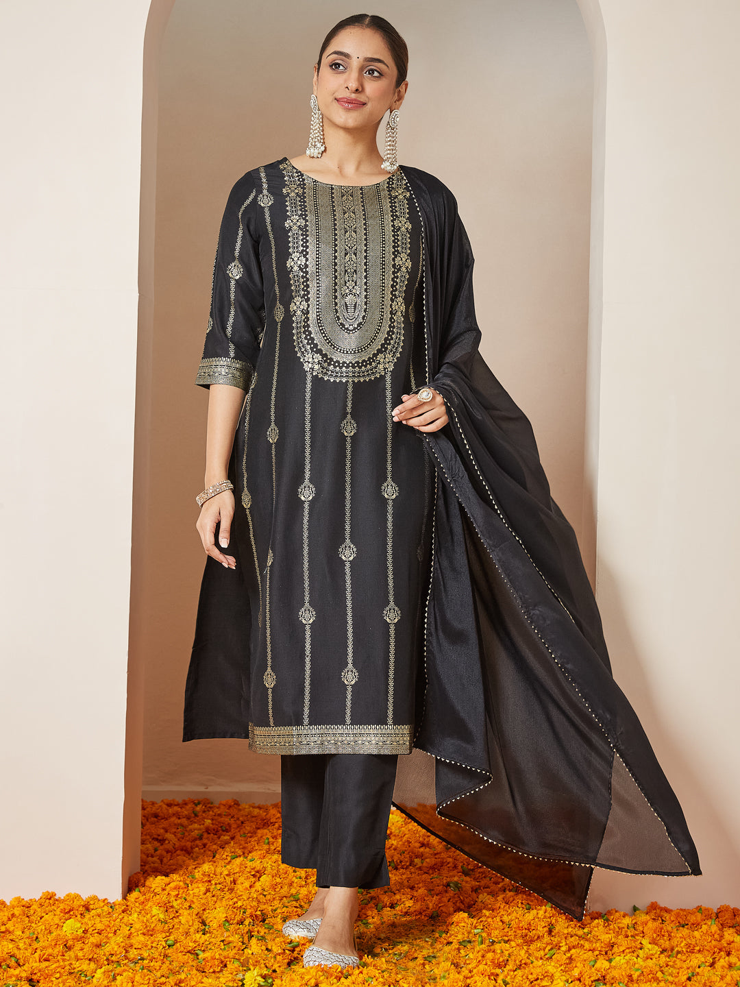 Ninnique Women's Black Silk Blend Gold Printed Straight Kurta Set