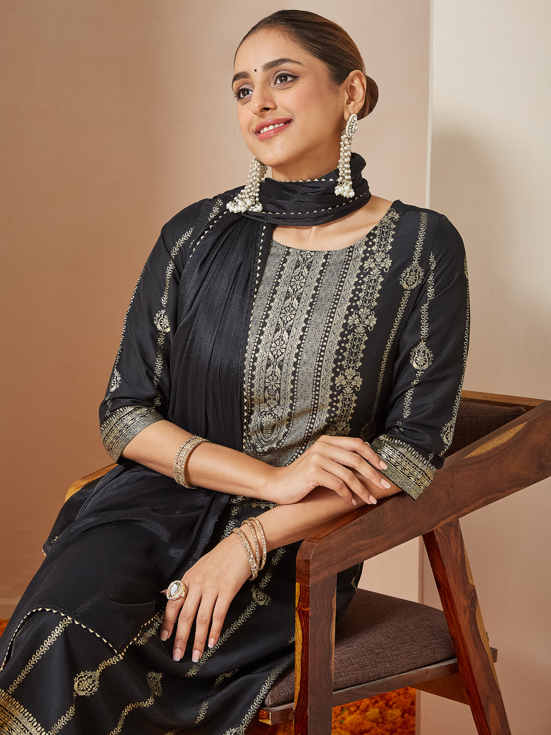 Ninnique Women's Black Silk Blend Gold Printed Straight Kurta Set