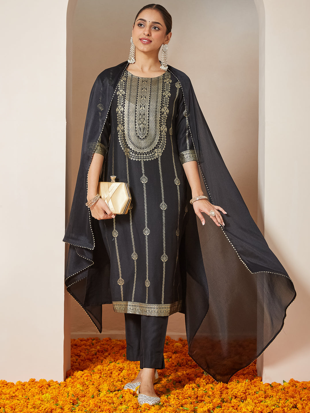 Ninnique Women's Black Silk Blend Gold Printed Straight Kurta Set