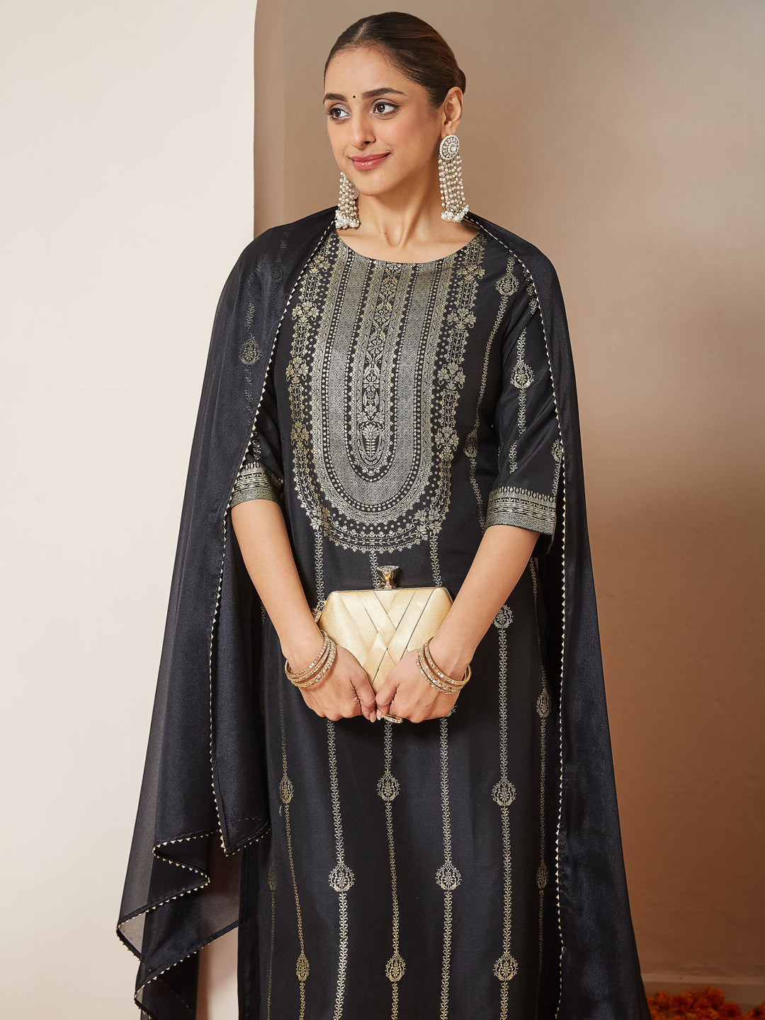 Ninnique Women's Black Silk Blend Gold Printed Straight Kurta Set