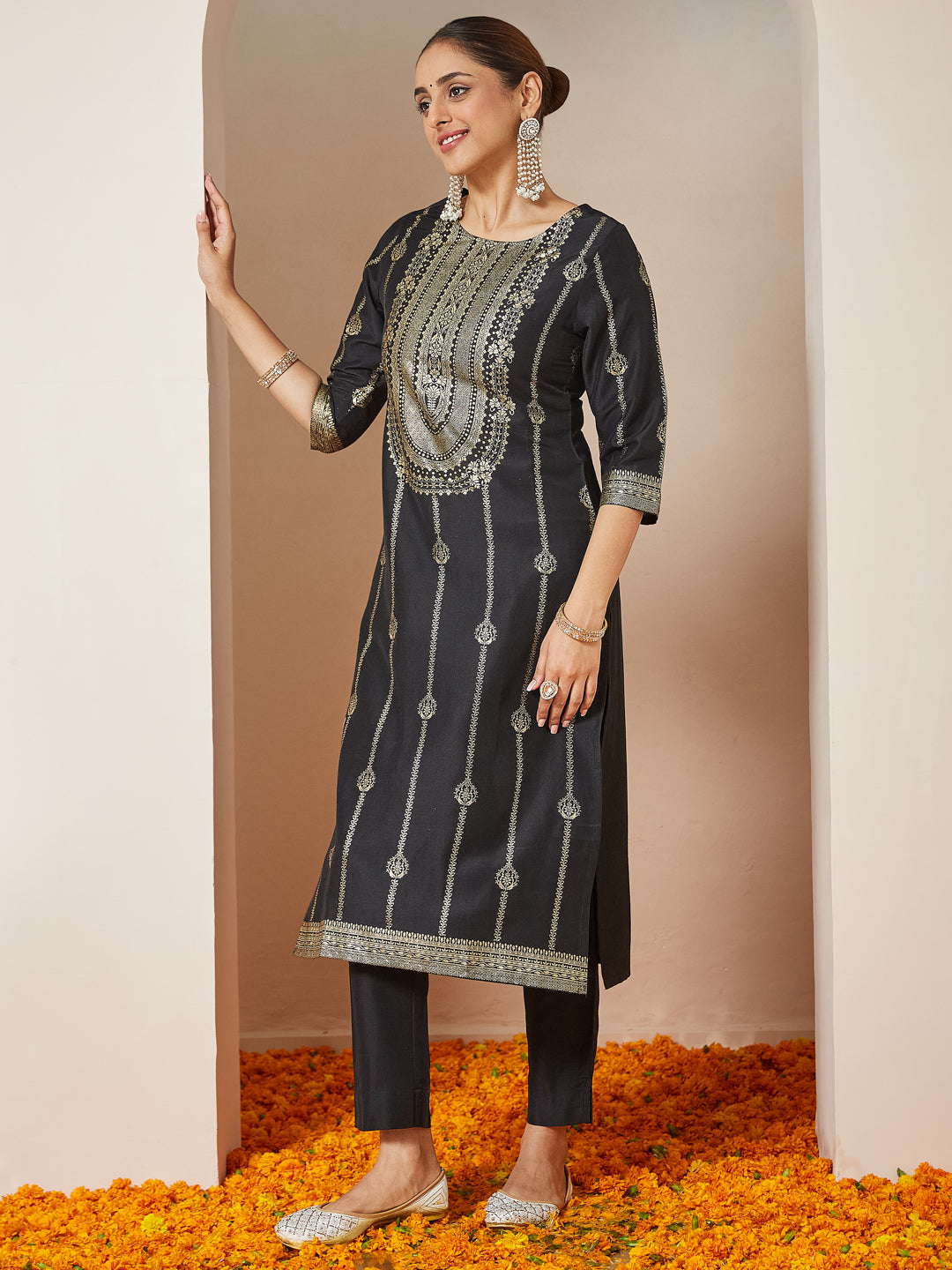 Ninnique Women's Black Silk Blend Gold Printed Straight Kurta Set