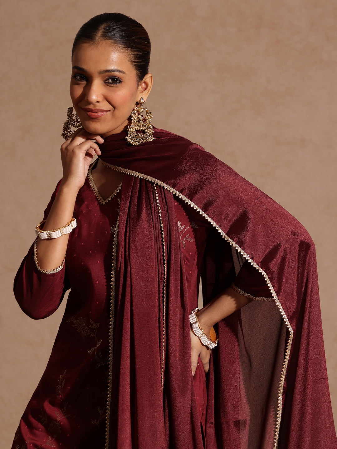Ninnique Women's Maroon Silk Blend Gold Printed Straight Kurta Set