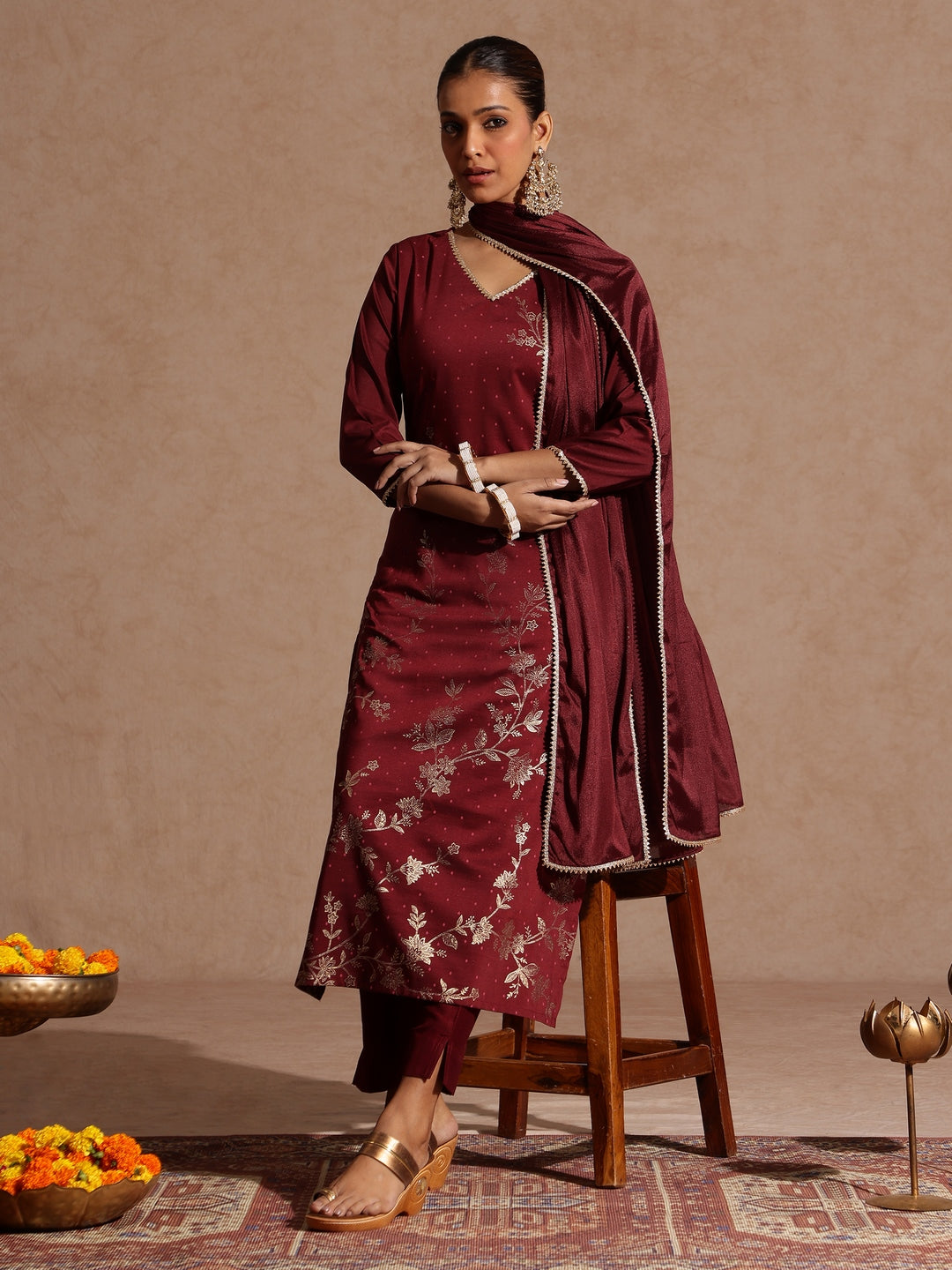 Ninnique Women's Maroon Silk Blend Gold Printed Straight Kurta Set