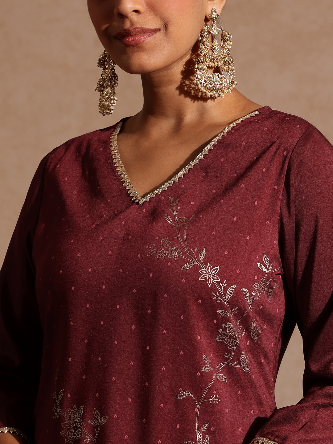 Ninnique Women's Maroon Silk Blend Gold Printed Straight Kurta Set