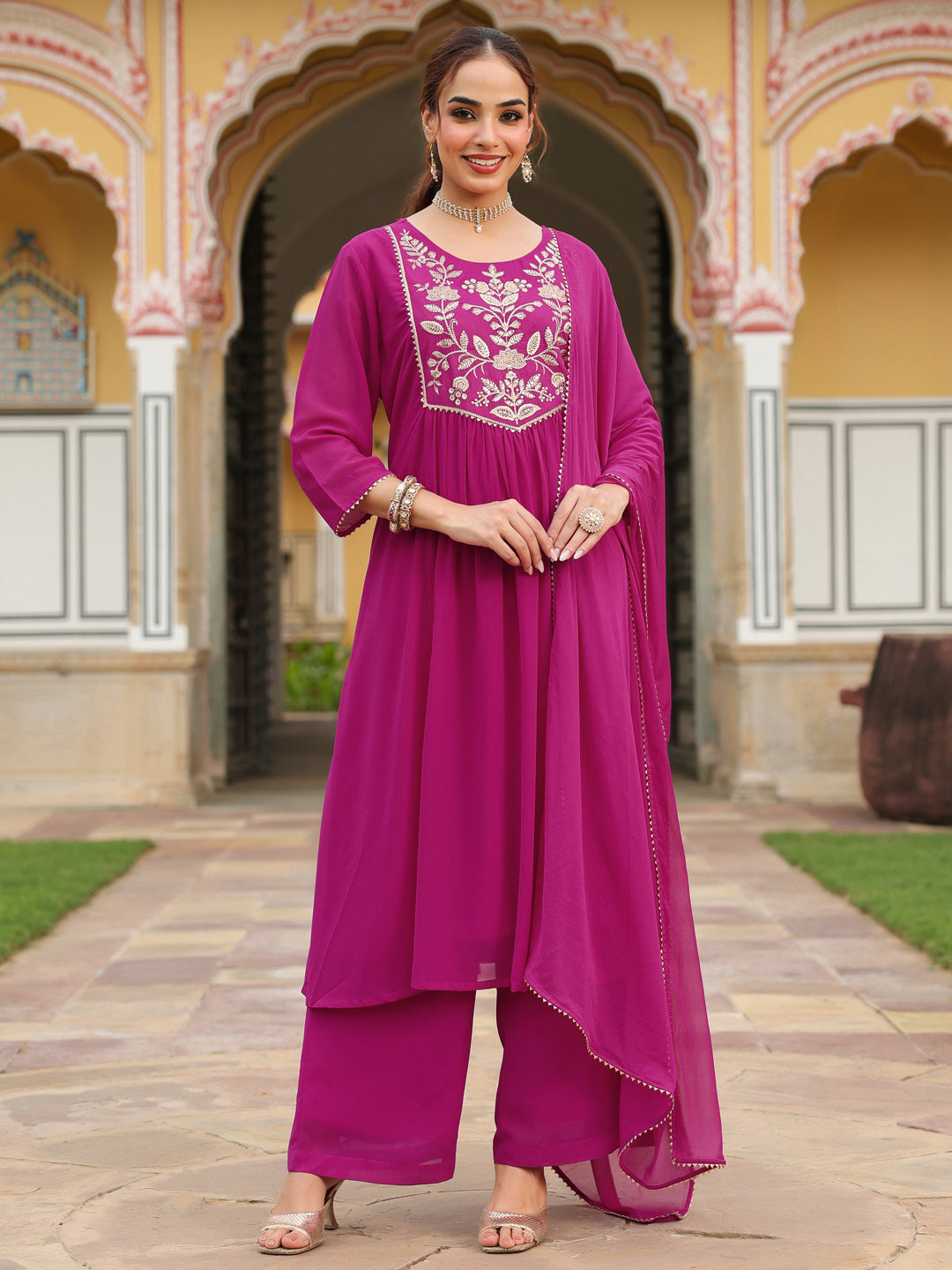 Ninnique Women's Pink Georgette Embroidered A-line Kurta With Palazzo Dupatta Set