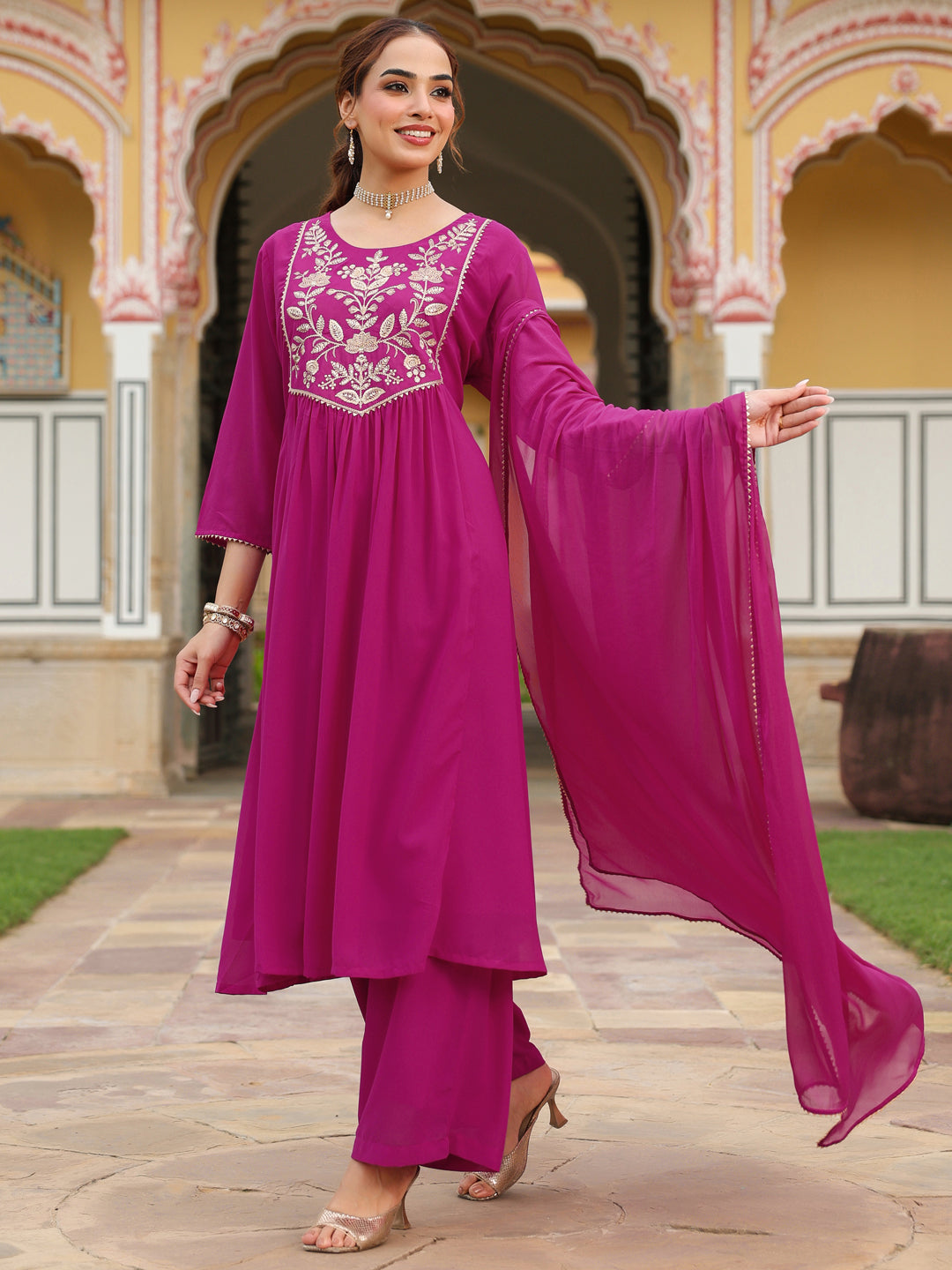 Ninnique Women's Pink Georgette Embroidered A-line Kurta With Palazzo Dupatta Set