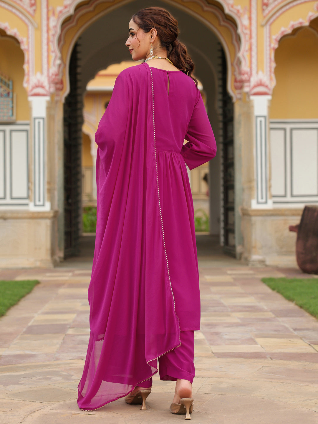 Ninnique Women's Pink Georgette Embroidered A-line Kurta With Palazzo Dupatta Set