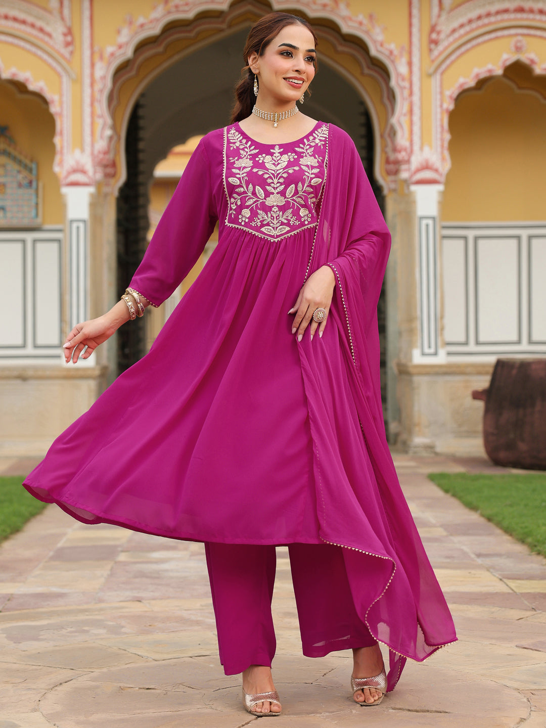 Ninnique Women's Pink Georgette Embroidered A-line Kurta With Palazzo Dupatta Set