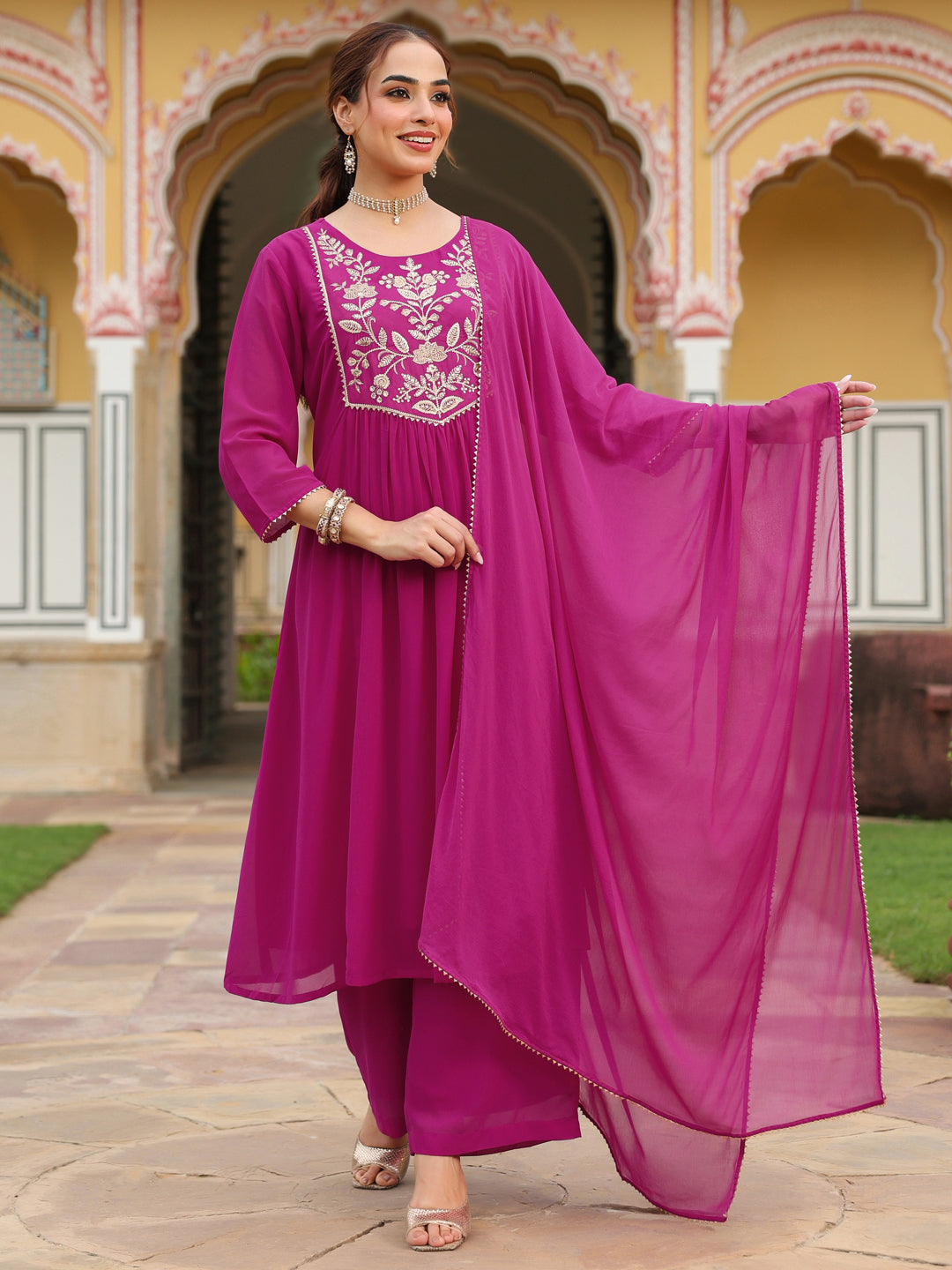 Ninnique Women's Pink Georgette Embroidered A-line Kurta With Palazzo Dupatta Set