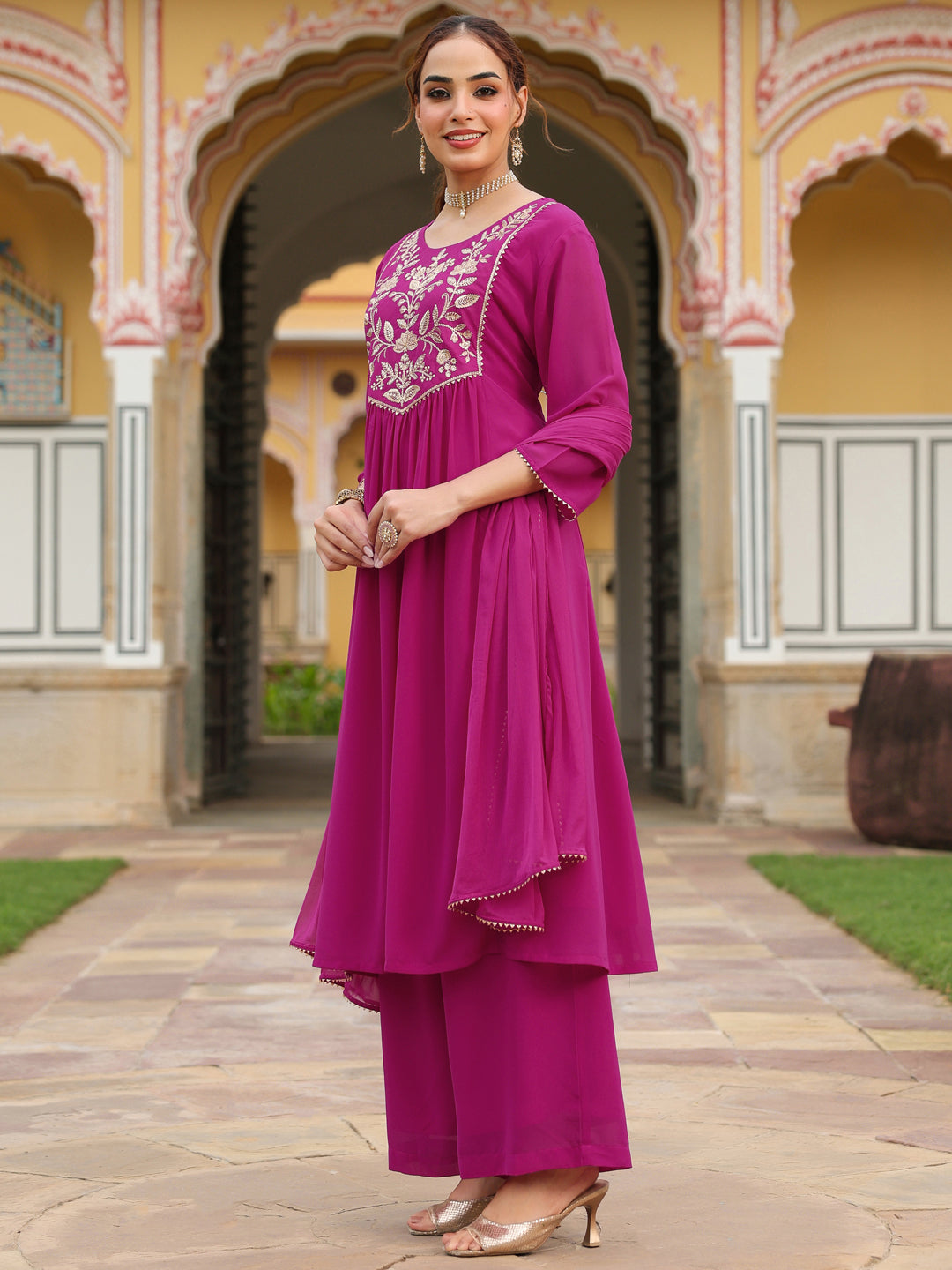 Ninnique Women's Pink Georgette Embroidered A-line Kurta With Palazzo Dupatta Set