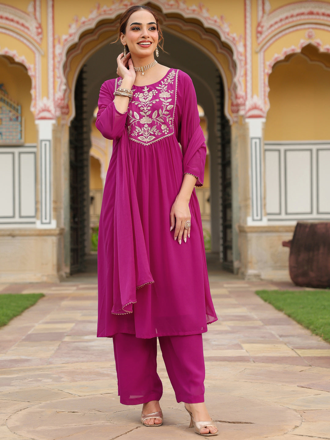Ninnique Women's Pink Georgette Embroidered A-line Kurta With Palazzo Dupatta Set