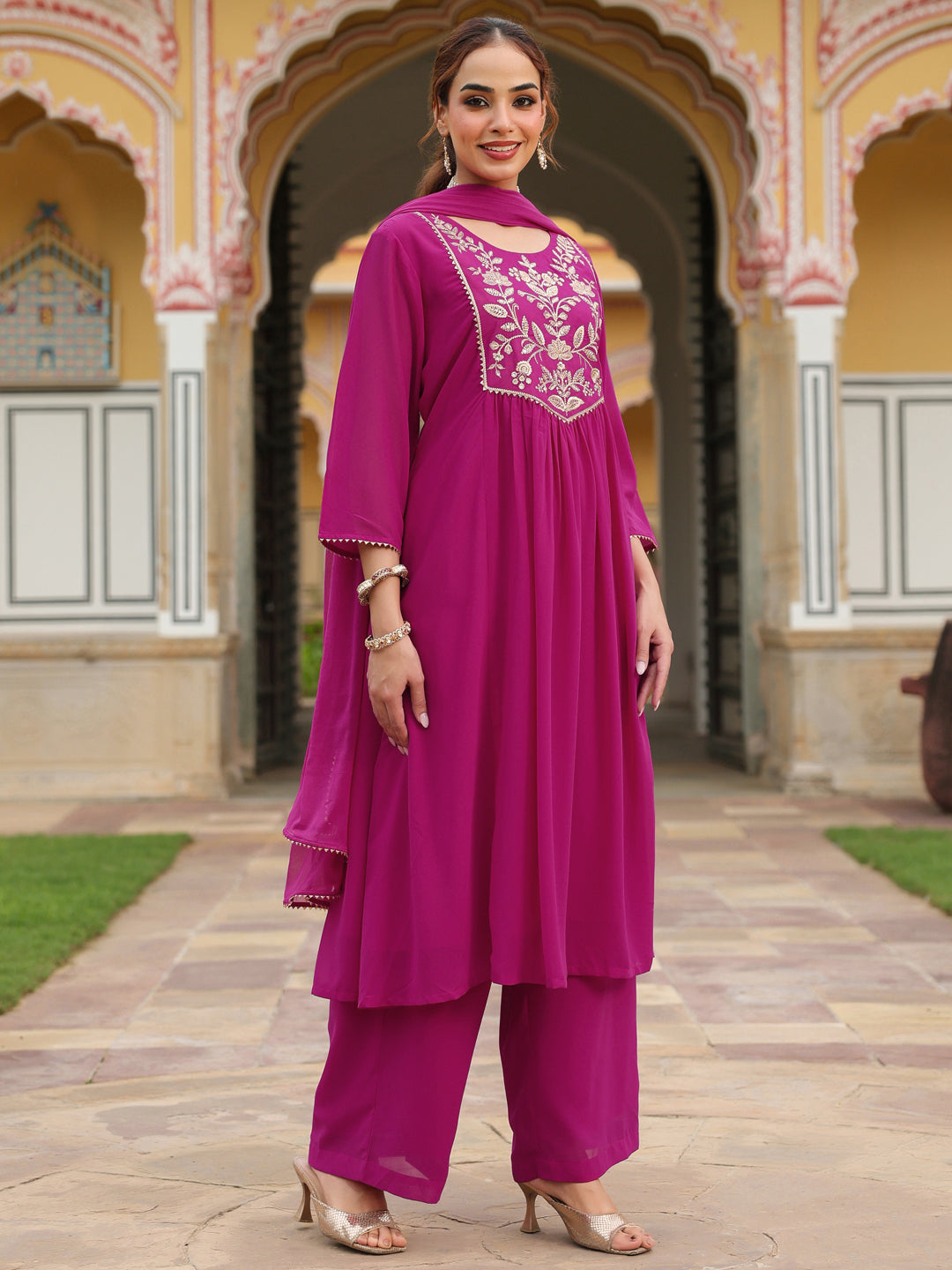 Ninnique Women's Pink Georgette Embroidered A-line Kurta With Palazzo Dupatta Set