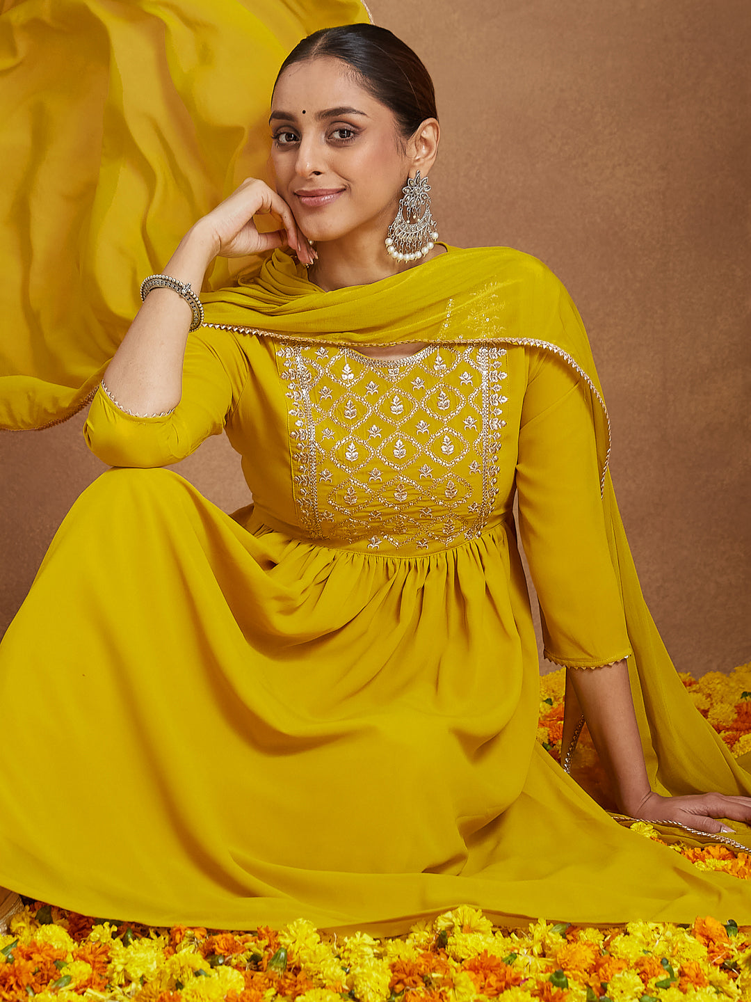 Ninnique Women's Mustard Georgette Zari Yoke Embroidery A-line Kurta With Palazzo & Dupatta Set