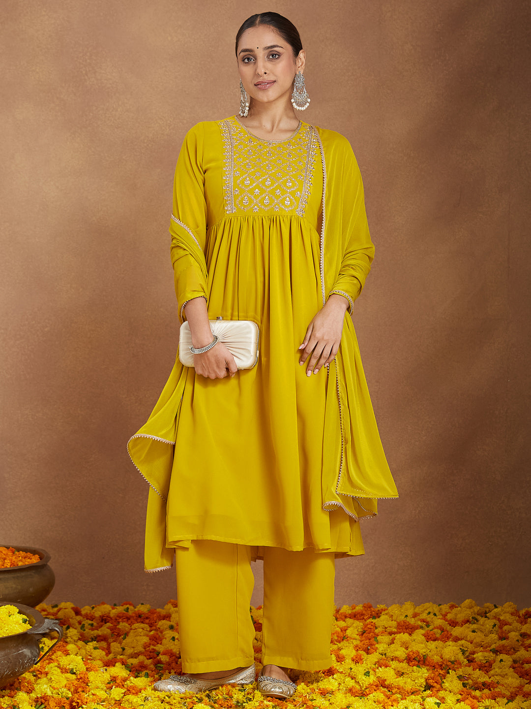 Ninnique Women's Mustard Georgette Zari Yoke Embroidery A-line Kurta With Palazzo & Dupatta Set