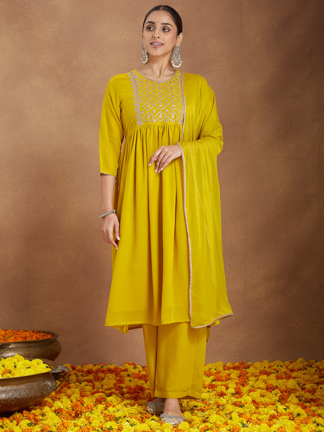 Ninnique Women's Mustard Georgette Zari Yoke Embroidery A-line Kurta With Palazzo & Dupatta Set