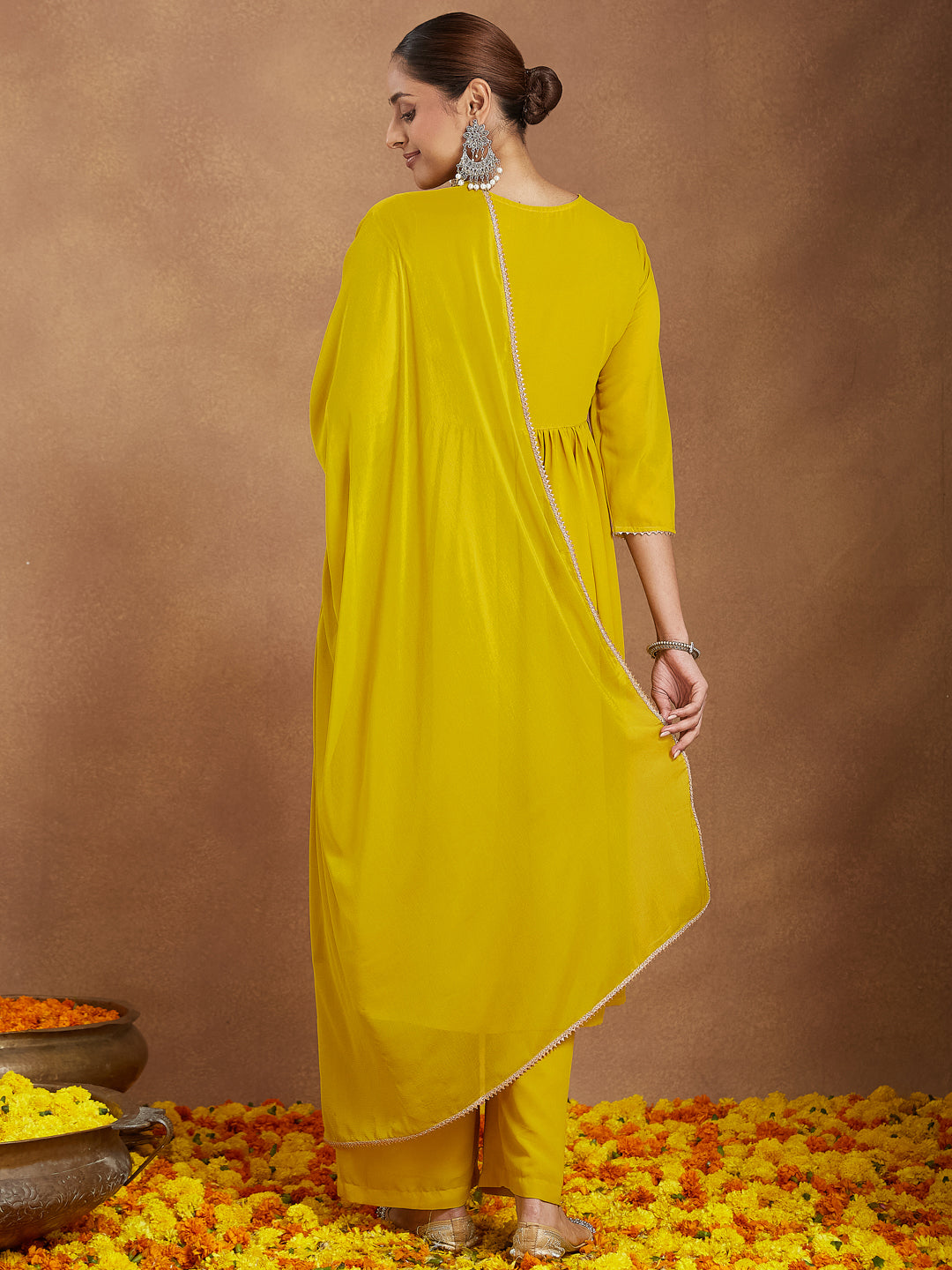 Ninnique Women's Mustard Georgette Zari Yoke Embroidery A-line Kurta With Palazzo & Dupatta Set