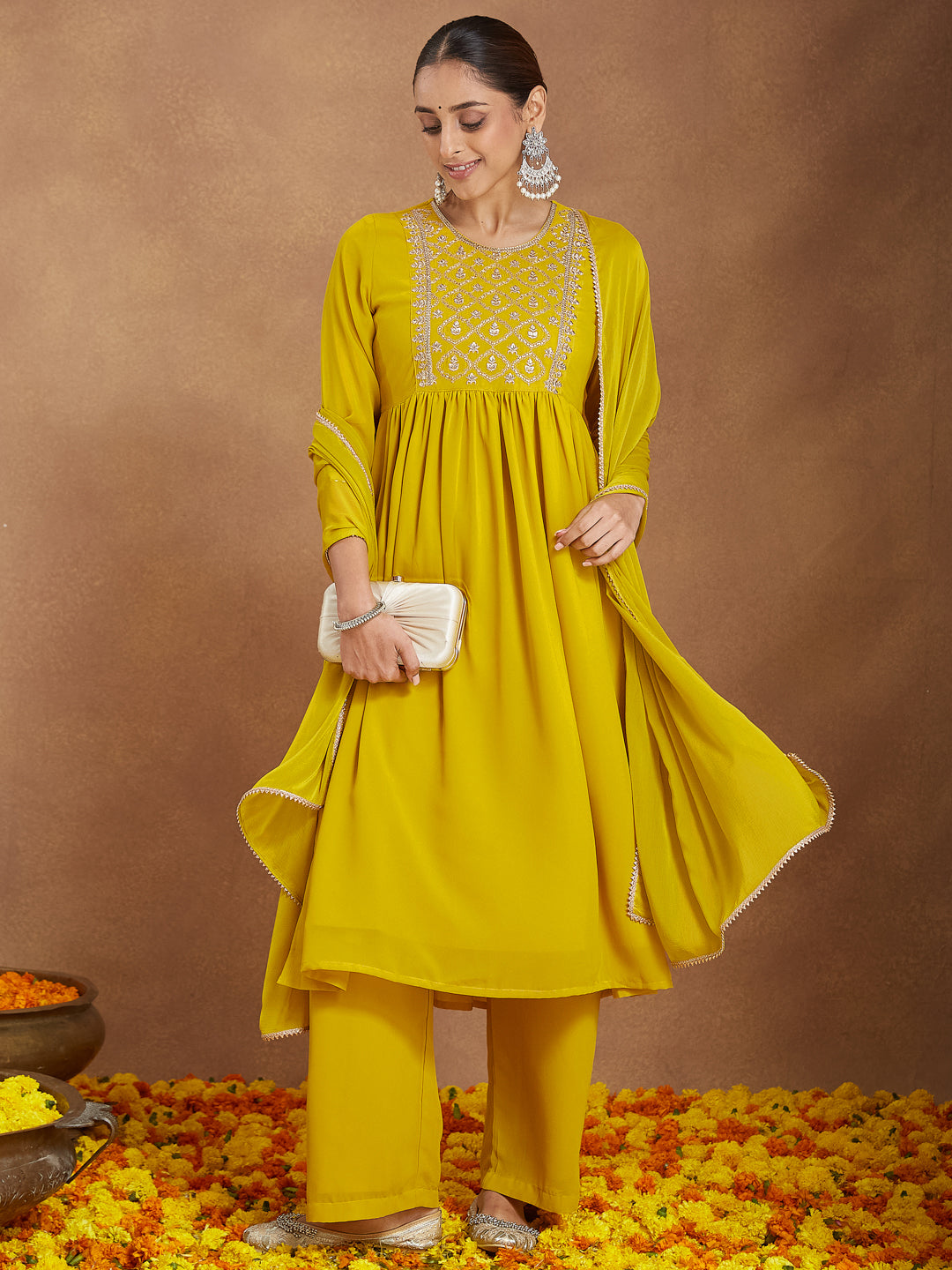 Ninnique Women's Mustard Georgette Zari Yoke Embroidery A-line Kurta With Palazzo & Dupatta Set