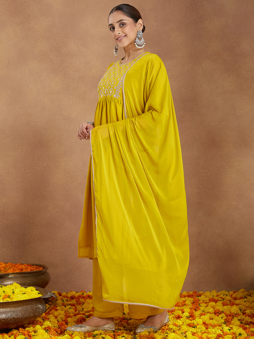 Ninnique Women's Mustard Georgette Zari Yoke Embroidery A-line Kurta With Palazzo & Dupatta Set