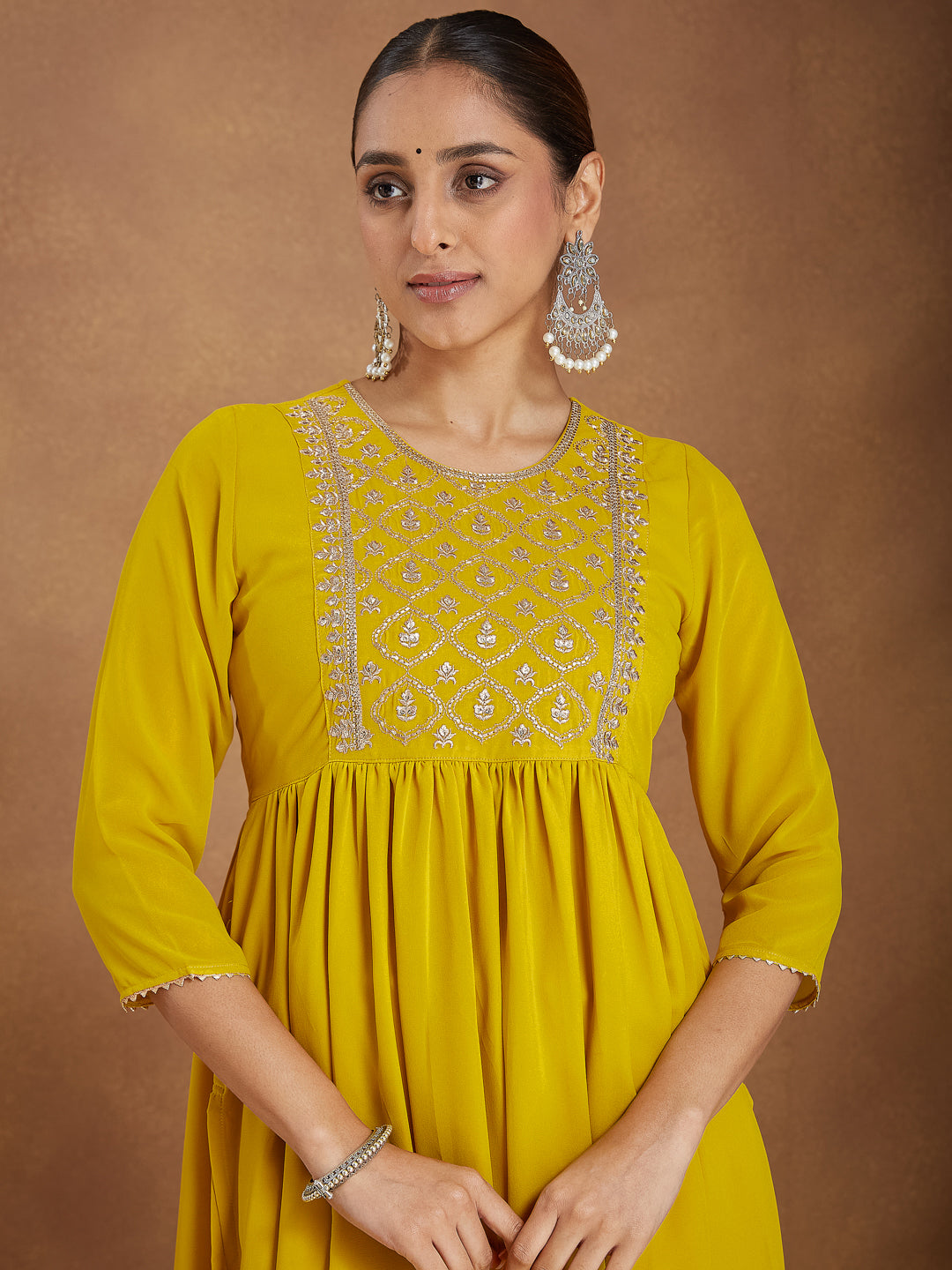 Ninnique Women's Mustard Georgette Zari Yoke Embroidery A-line Kurta With Palazzo & Dupatta Set