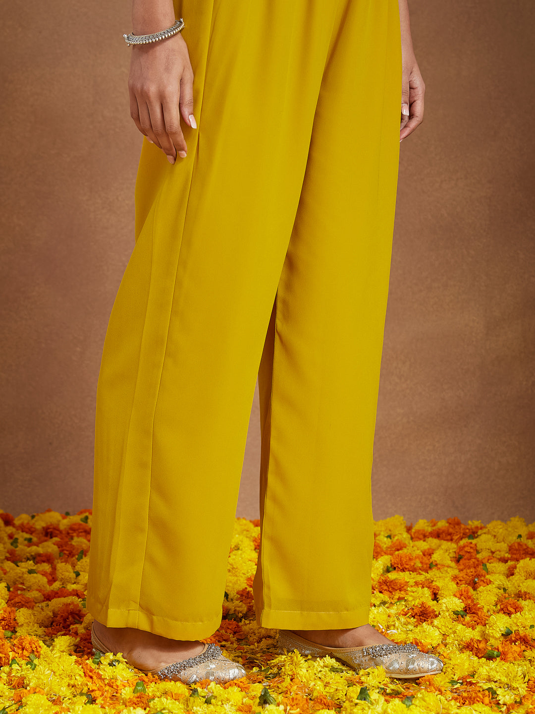 Ninnique Women's Mustard Georgette Zari Yoke Embroidery A-line Kurta With Palazzo & Dupatta Set