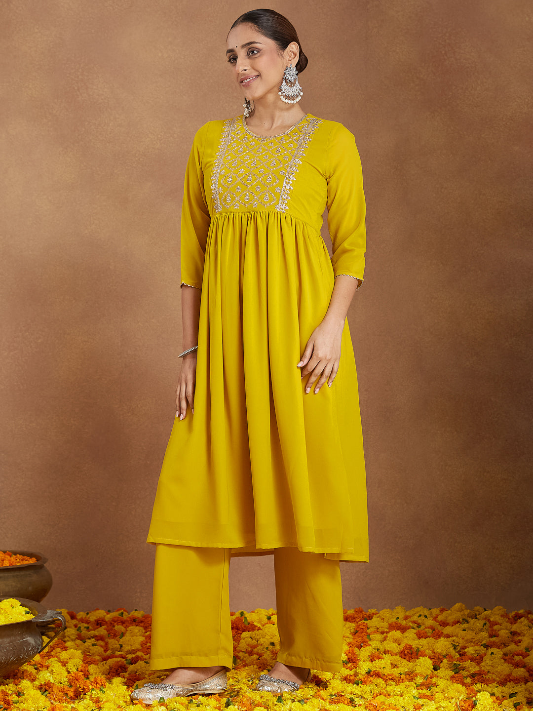 Ninnique Women's Mustard Georgette Zari Yoke Embroidery A-line Kurta With Palazzo & Dupatta Set