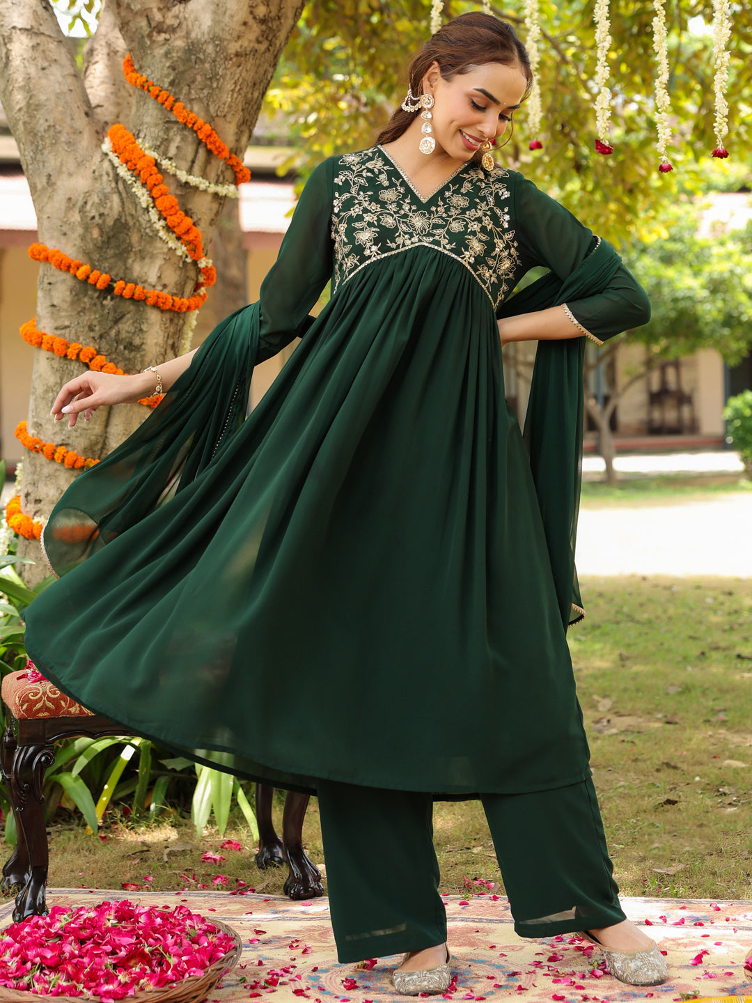 Ninnique Women's Bottle Green Georgette Zari Yoke Embroidered A-line Kurta Set